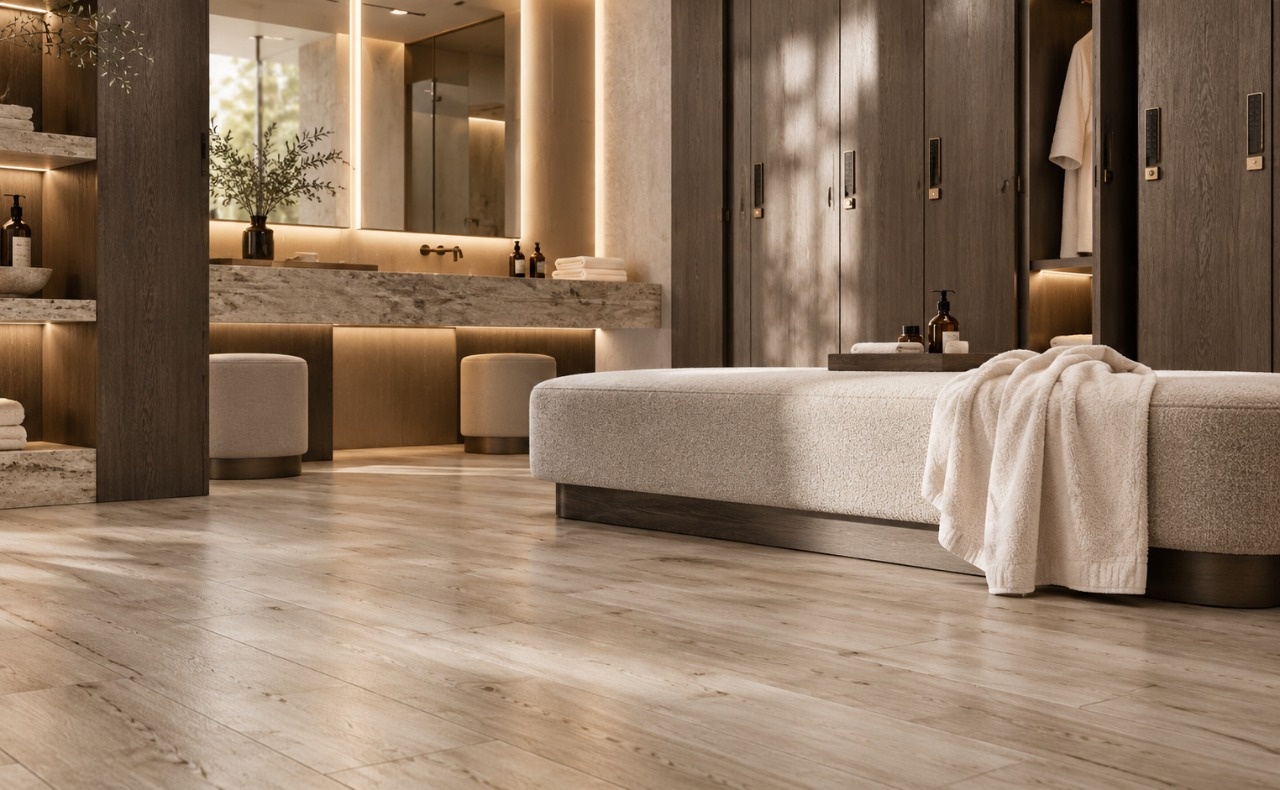Интерьер раздевалки SPA-комплекса с мягкой скамьёй, деревянными шкафчиками и светлой кварц-виниловой плиткой под дерево